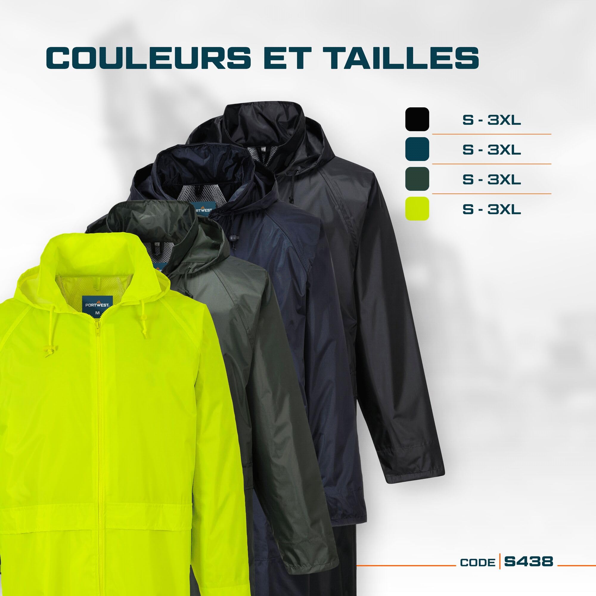 Portwest S438 Men's Waterproof Raincoat - Lightweight Long Rain Jacket with Hood and Pockets