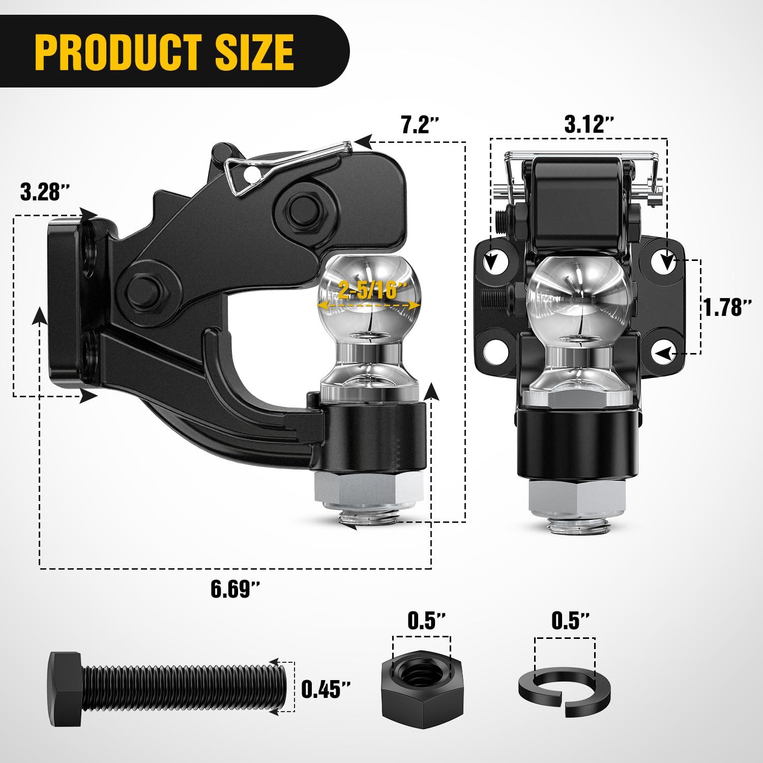Nilight - - Nilight Pintle Hook Trailer Hitches Receiver Hook Combination 2-5/16" Hitch Ball With Mounting Kit, 14000LBS Black Bolt On Adjustable Powder-Coated - View #3