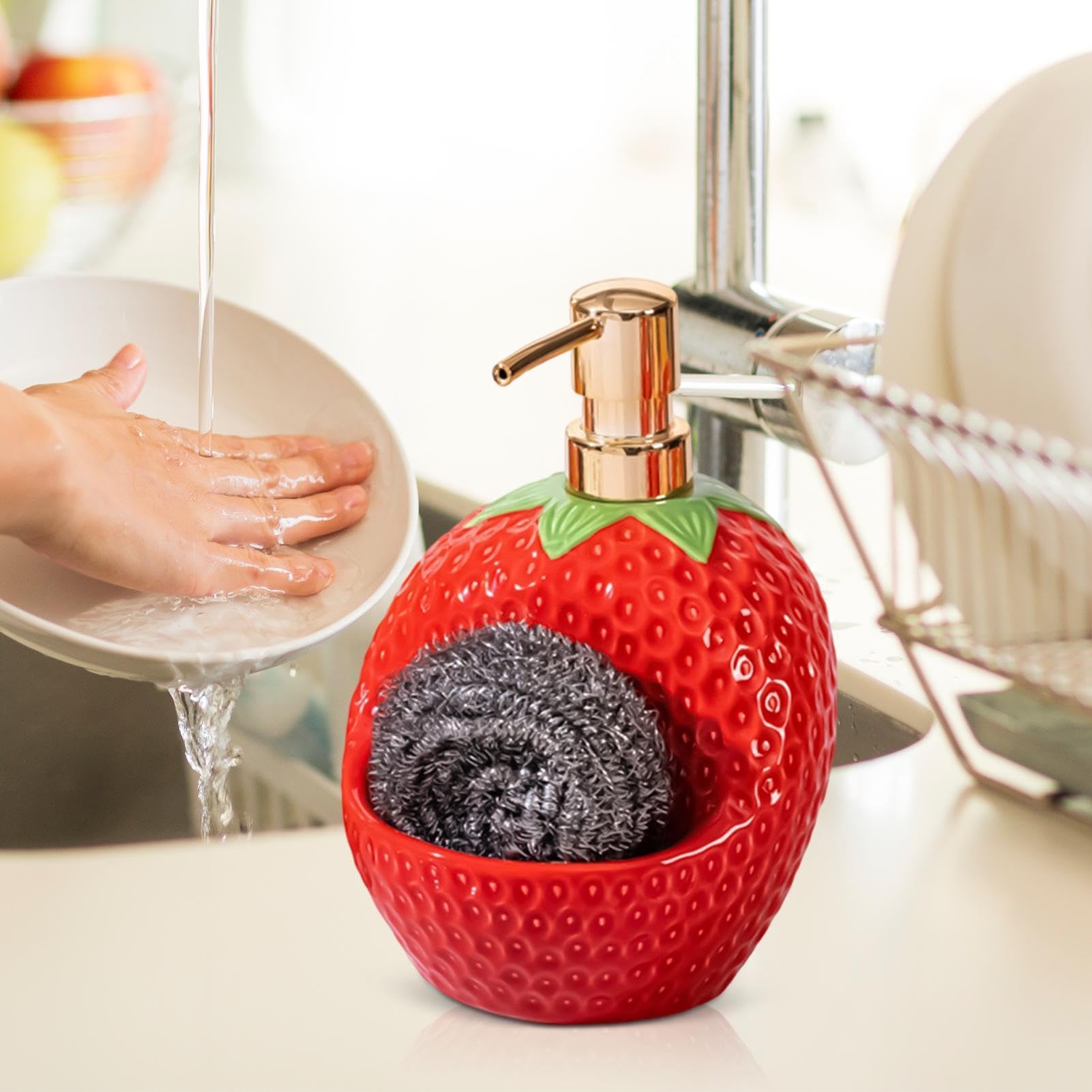 Dispensador de Jabón para Baño Botella de Bomba de 20 Onzas de Fresa para | Dispensador de Jabón de Baño con Portaesponjas Para Encimera de Cocina