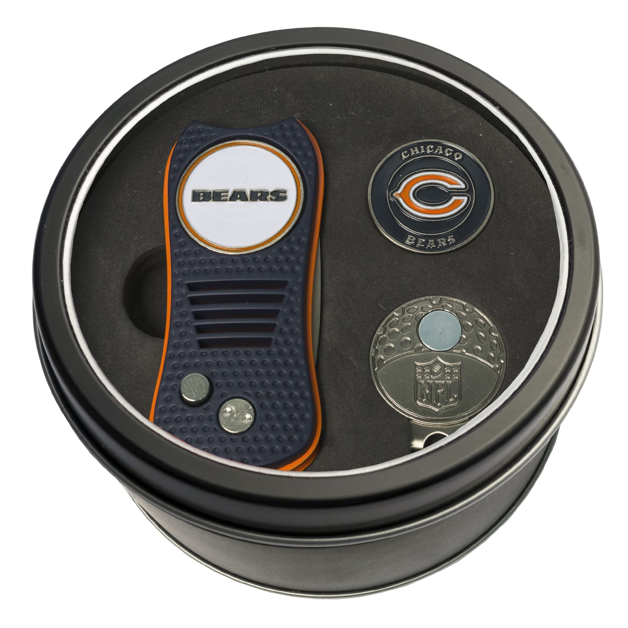 Team Golf NFL Chicago Bears Tin Ball Marker Gift Set with Retractable Divot Tool, Cap Clip and 2 Double-Sided Enamel Ball Markers, Patented Design, Less Damage to Greens