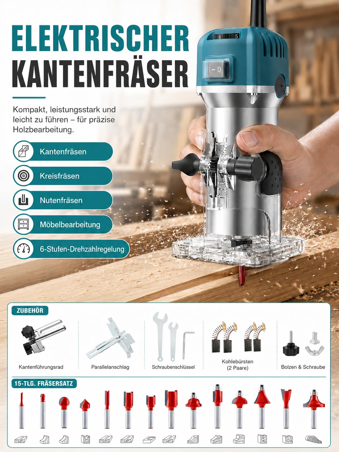 VOBOR Holzfräse Oberfräse, 800W 30000 U/min Elektrik Kantenfräse mit 15 Pcs 1/4" Fräsen Cuter, 6 Variable Geschwindigkeiten 6mm, 6.35mm Spannzange für die Holzbearbeitung