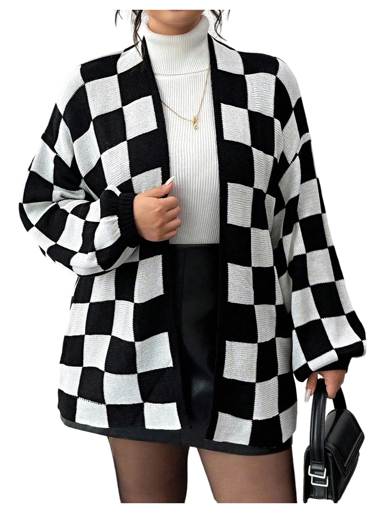 WDIRARA Womens Plus Size Plaid Checkered Cardigan Sweaters Open Front Knit Outerwear