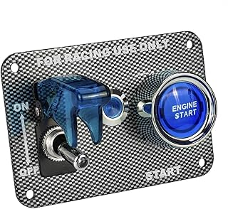 Jtron DC12V Racing Car Ignition Switch Panel Carbon Fiber Rocking Switch+Engine Start Push Button with Blue Indicator Light (Blue)