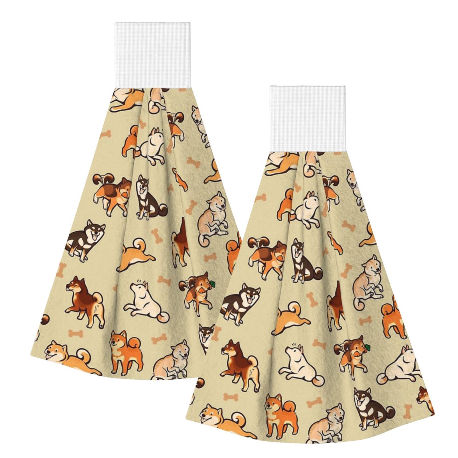 DOPKLNA Shiba Inu Cream, 2 Pcs Hanging Coral Fiber Hand Towels for Bathroom, Absorbent Kitchen Towels