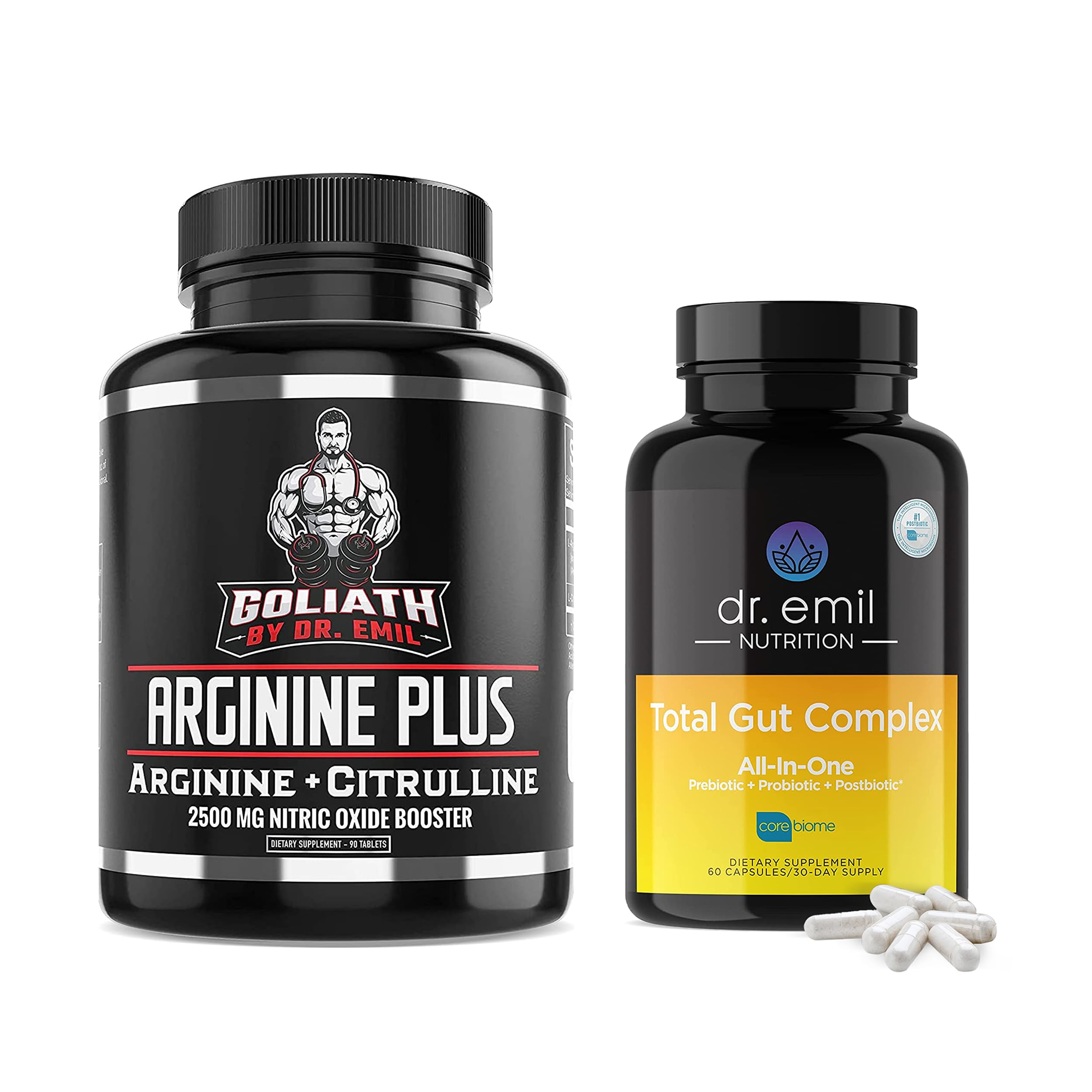 Dr. Emil's Health Bundle - ARGININE PLUS & Total Gut Complex - High Dose NO Booster Tablets & Gut Health Nutritional Supplement for Vascularity, Heart Health, and Digestive Wellness (Arginine AAKG, Ci