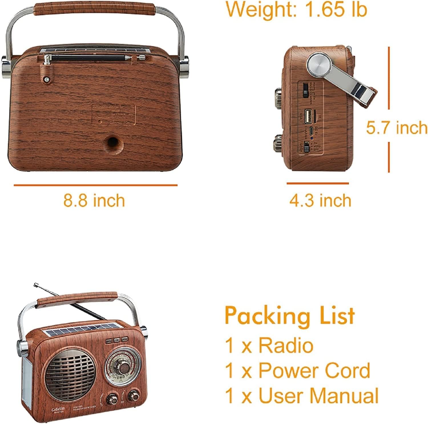 G Keni Tragbares Radio Retro, AM FM Shortable Radios mit bestem Empfang, kleines Vintage-Radios mit Bluetooth-Lautsprecher, wiederaufladbar/Solar/Batterie