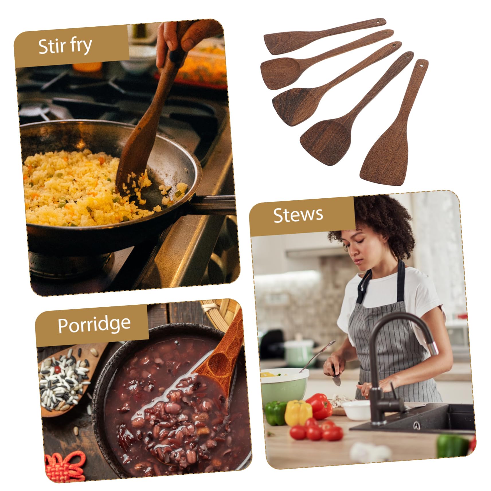 Set di 5 Utensili da Cucina in Legno per Cucina Antiaderente