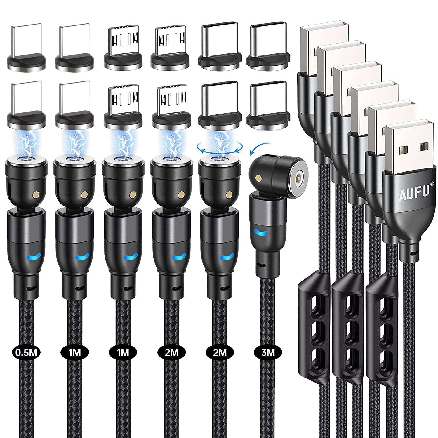 AUFU Magnetic Charging Cable, Magnetic Phone Charger Cable 6-Pack (0.5m+1m+1m+2m+2m+3m), 3 in1 Nylon Braided Magnetic Charger Cable Type C/USB C Charging Cable for Smartphone