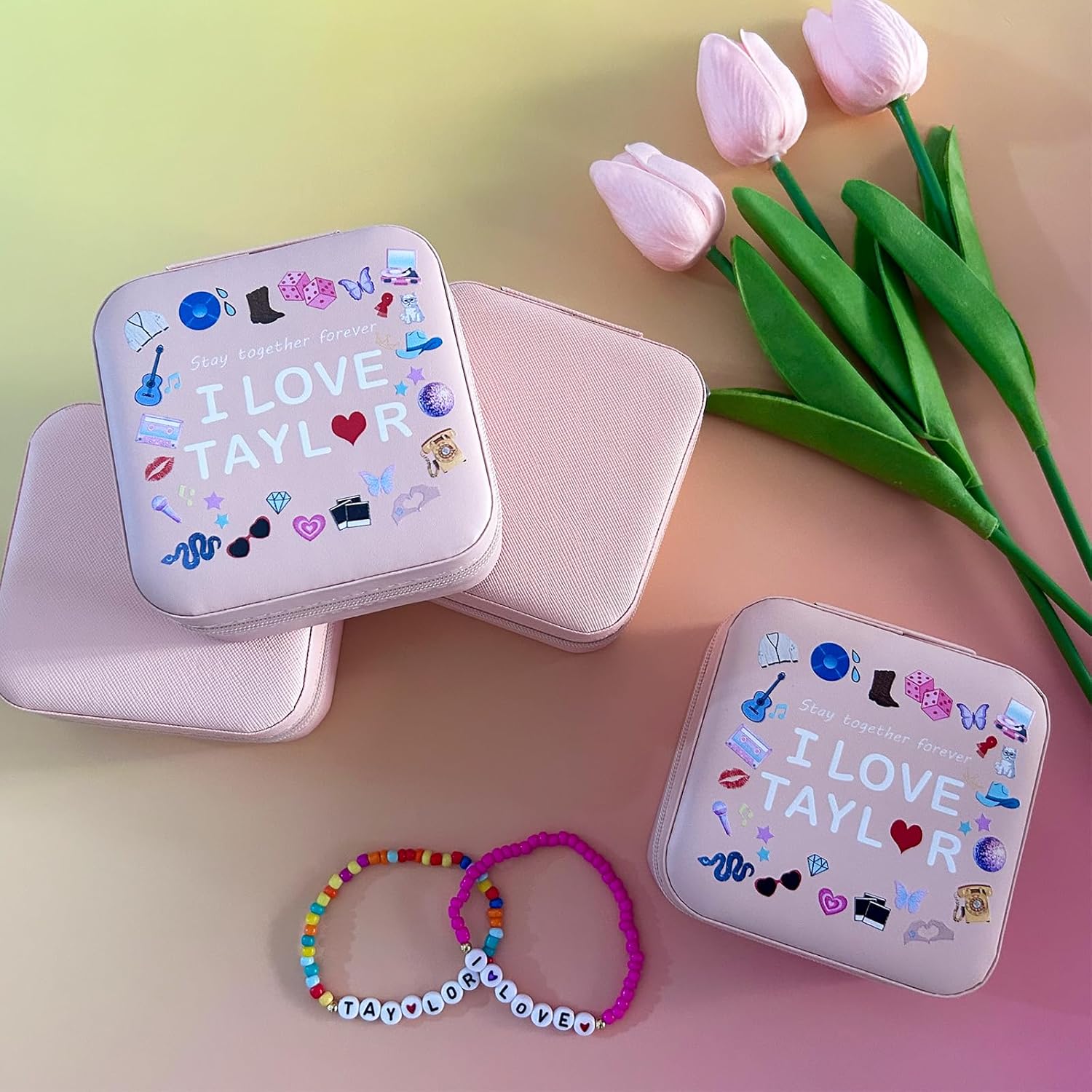 GLOONITY Jewelry Box as Christmas Gifts for Teens, Taylor Merchandise, Small Jewelry Case with Mirror and 2 Pcs Bracelets for Fans, Taylor Merch Jewelry Box as Birthday Gifts for Girls - Pink - Image 9