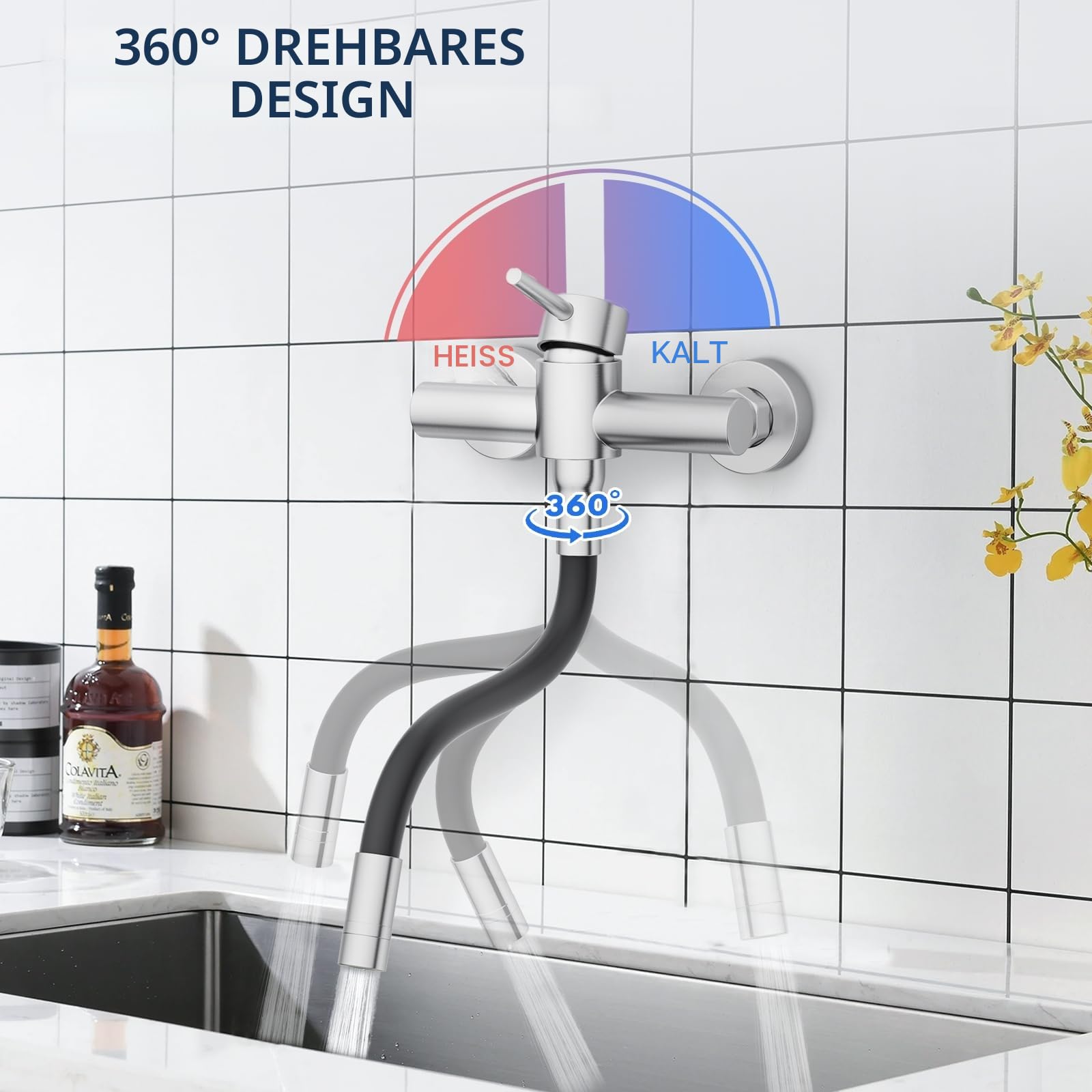 HURRAN Wasserhahn Wandmontage, 360° Schwenkbare Küchenarmatur mit Silikonschlauch, Einhebelmischer aus Edelstahl, Gebürstetes Nickel