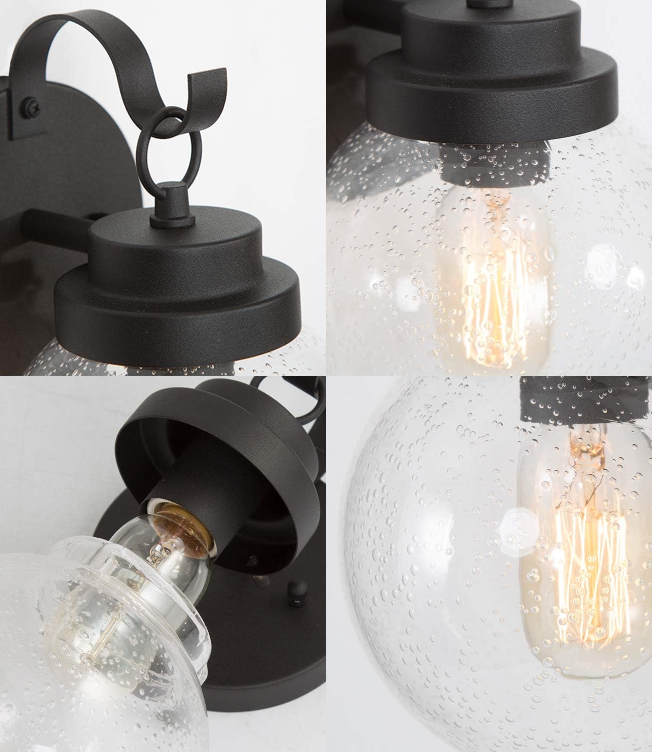 LALUZ Sphere Porch Light, Outside Lights for House with Seeded Glass Globe, Weather-Proof Outdoor Light Fixtures Wall Mount for Front Door, Garage, Yard, Patio, Textured Black Finish