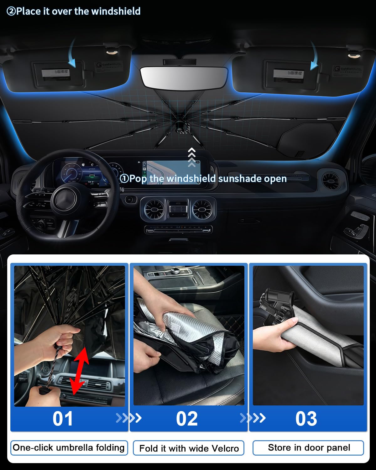 SHAOHAO Compatibile con Mecedes Classe B W247 2020-2026 Parasole per auto Parasole per parabrezza Facile da riporre Maniglia con cordino Protezione UV Accessori parasole