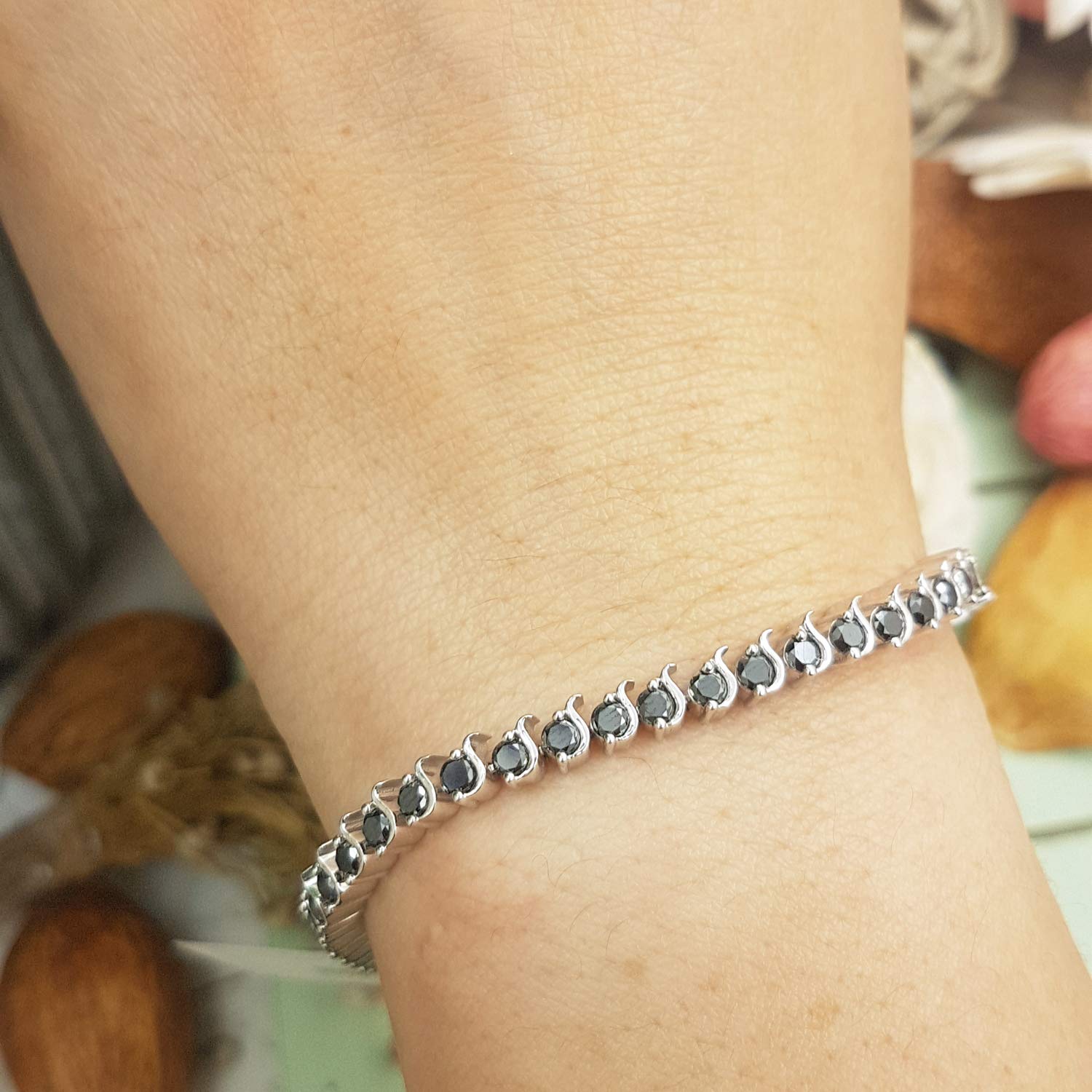Dazzlingrock Collection Bracciale tennis da donna in argento Sterling con diamante nero taglio rotondo 3,65 carati (ctw), One Size, Argento sterling, Diamante nero