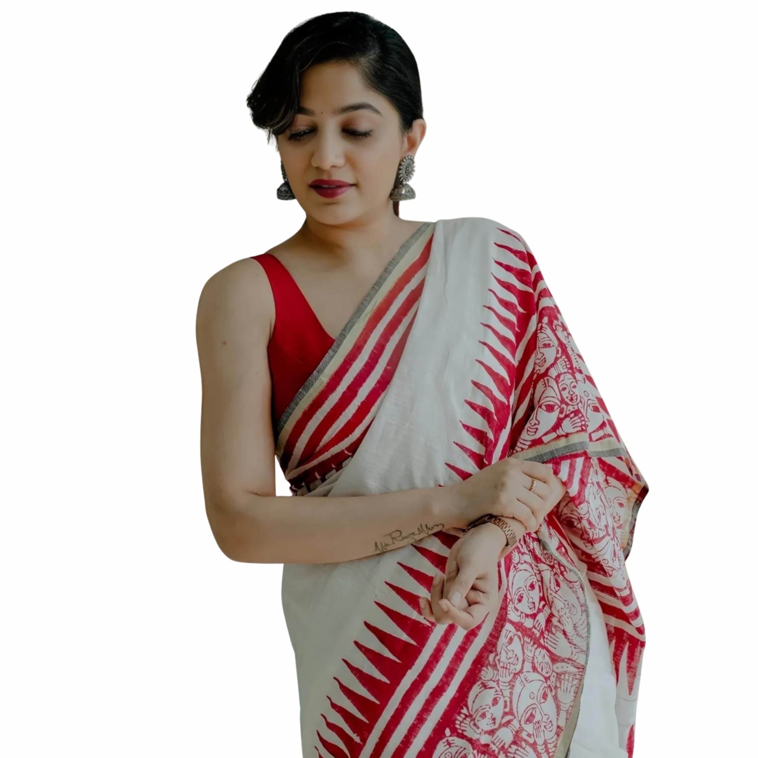 White Red Abstract Face Artistic Cotton Linen Saree for Women-image-22