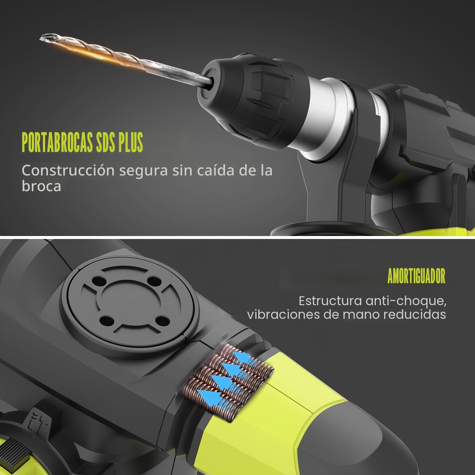 DEWINNER Martillo Percutor SDS-Plus,1500 W, 6 velocidades, 850RPM, 4400BPM, 5.5J, embrague de seguridad y tecnología antivibración, 4 funciones, incluye organizador, cincel y broca de 32mm