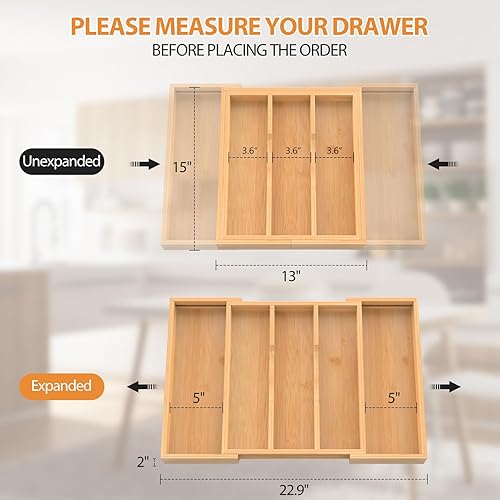 Miniatura 2 de Organizador de cajones de cocina expandible de bambú, 13 a 23 pulgadas, bandeja ajustable para utensilios y cubiertos, organizador de cajones de