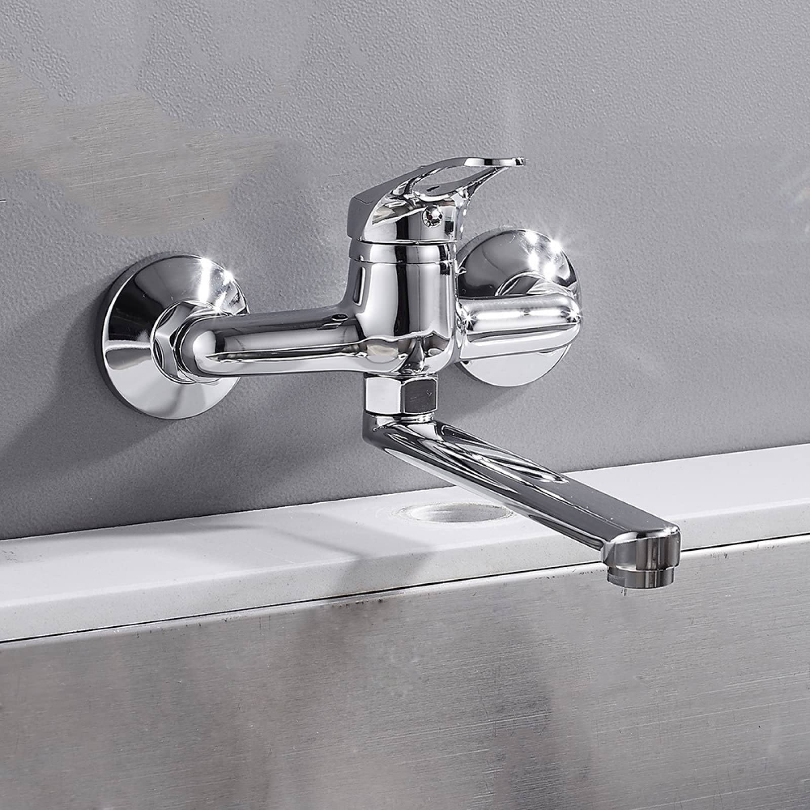 Robinet de cuisine mural chrome monocommande à bec pivotant