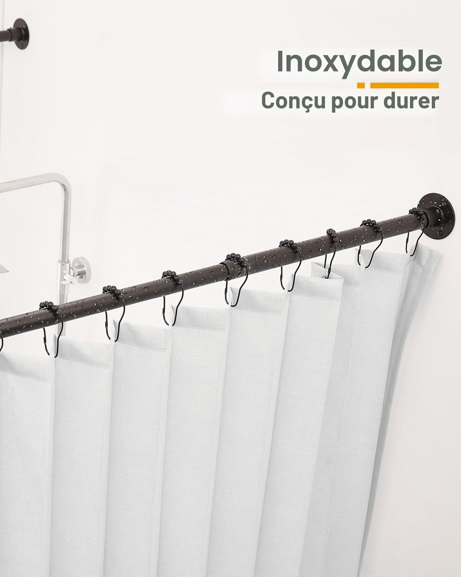 Porte-Rideau de Douche en U Réglable [Côtés : 60-132 cm, Milieu : 76-117 cm] - Barre de Douche Extérieure Anti-Affaissement avec 12 Crochets et Support Plafond