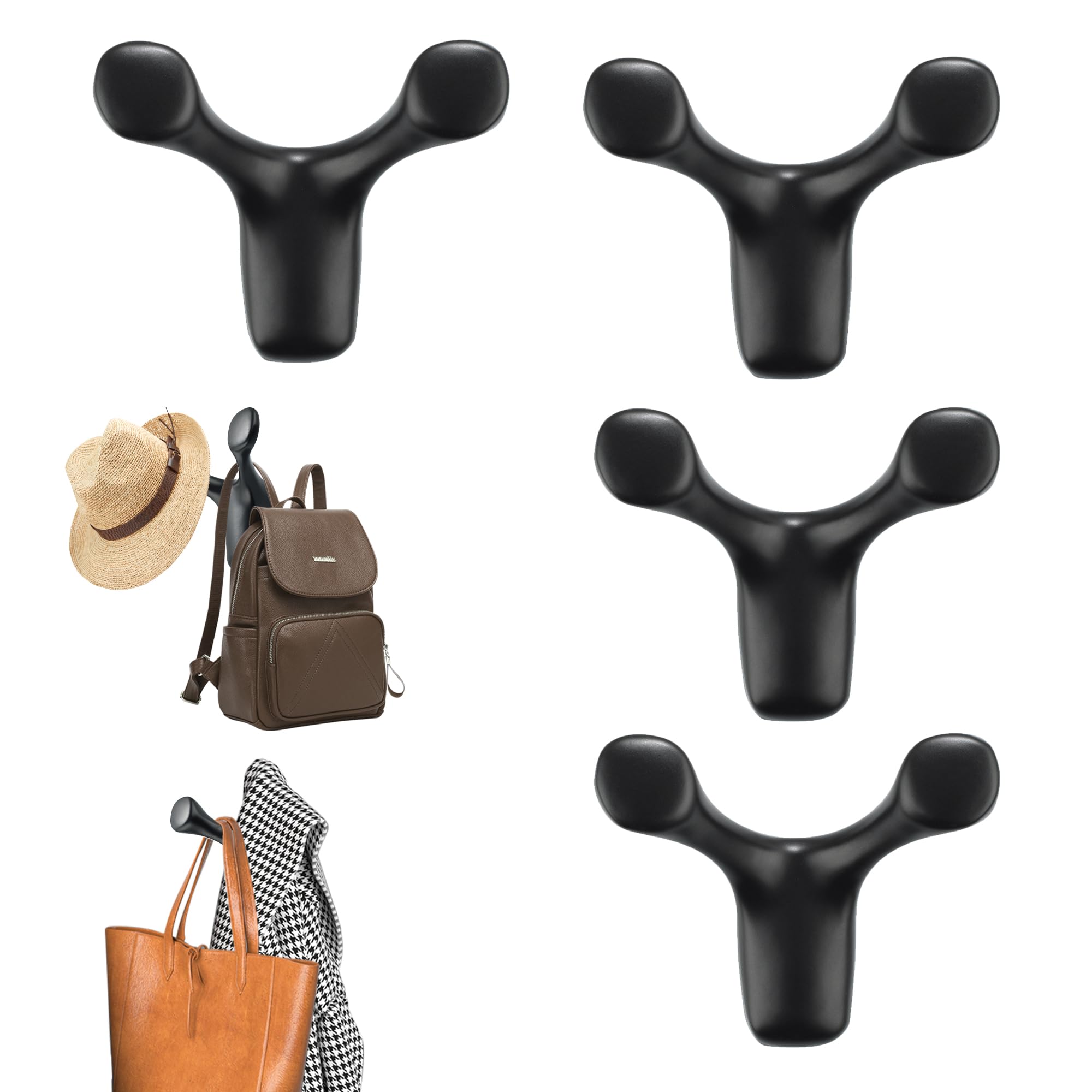 Mooche 4Pcs Coat Hooks Heavy Duty Double Prong, Zinc Alloy 78×60MM Hooks