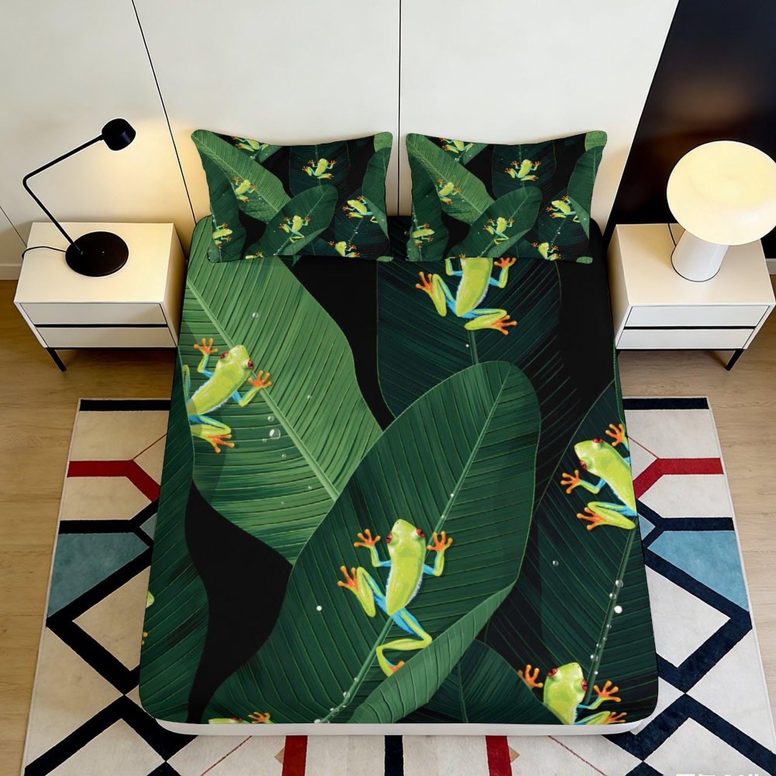 Pnayamiorkfel Style-2 3D Printed Tropical Leaf Fitted Sheet Microfiber Soft Green Frog Bed Cover For Bedroom Guest Room Decor Mattress Protection 90X200x25cm