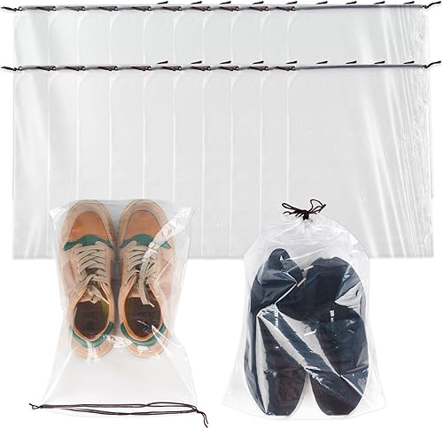 50 bolsas de zapatos transparentes para viajes, 11.8 x 15.7 pulgadas, bolsas de zapatos de viaje con cordón para embalaje, bolsa de almacenamiento