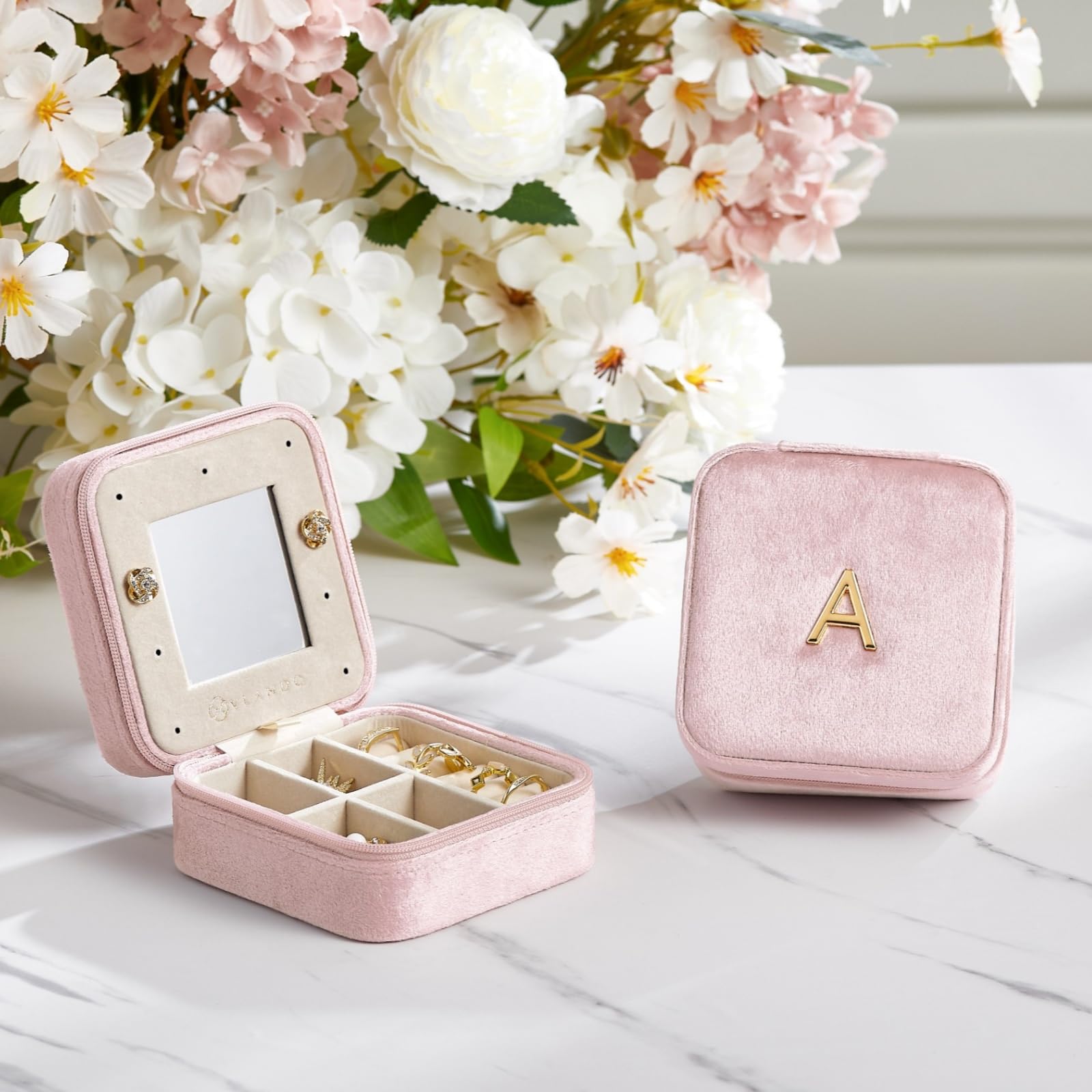 Boîte à Bijoux De Voyage Personnalisée Lettre A à Z - Velours Avec Miroir - Cadeau Femme