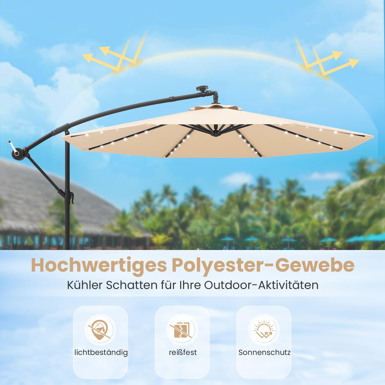 COSTWAY Parasol przeciwsłoneczny 350 cm ze stojakiem i diodami LED, parasol przeciwsłoneczny z korbą, parasol ogrodowy, ochrona przed promieniowaniem UV, parasol na taras, do ogrodu, na taras (beżowy)