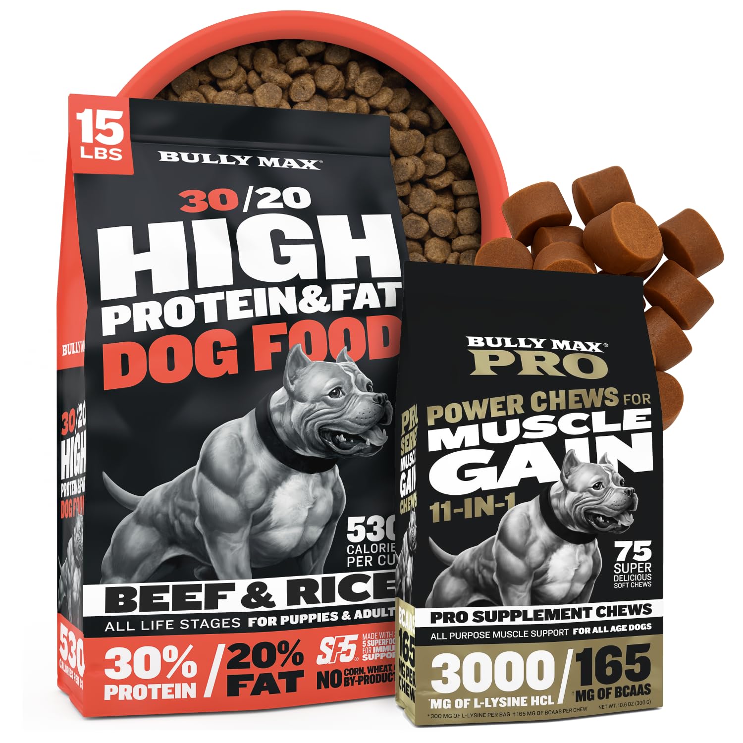 30/20 High Protein Beef Dog Food 15 lbs. + PRO Series Power Chews for Muscle Gain & Performance Bundle – High Calorie Advanced Nutrition for Working and Active Dogs of All Breeds