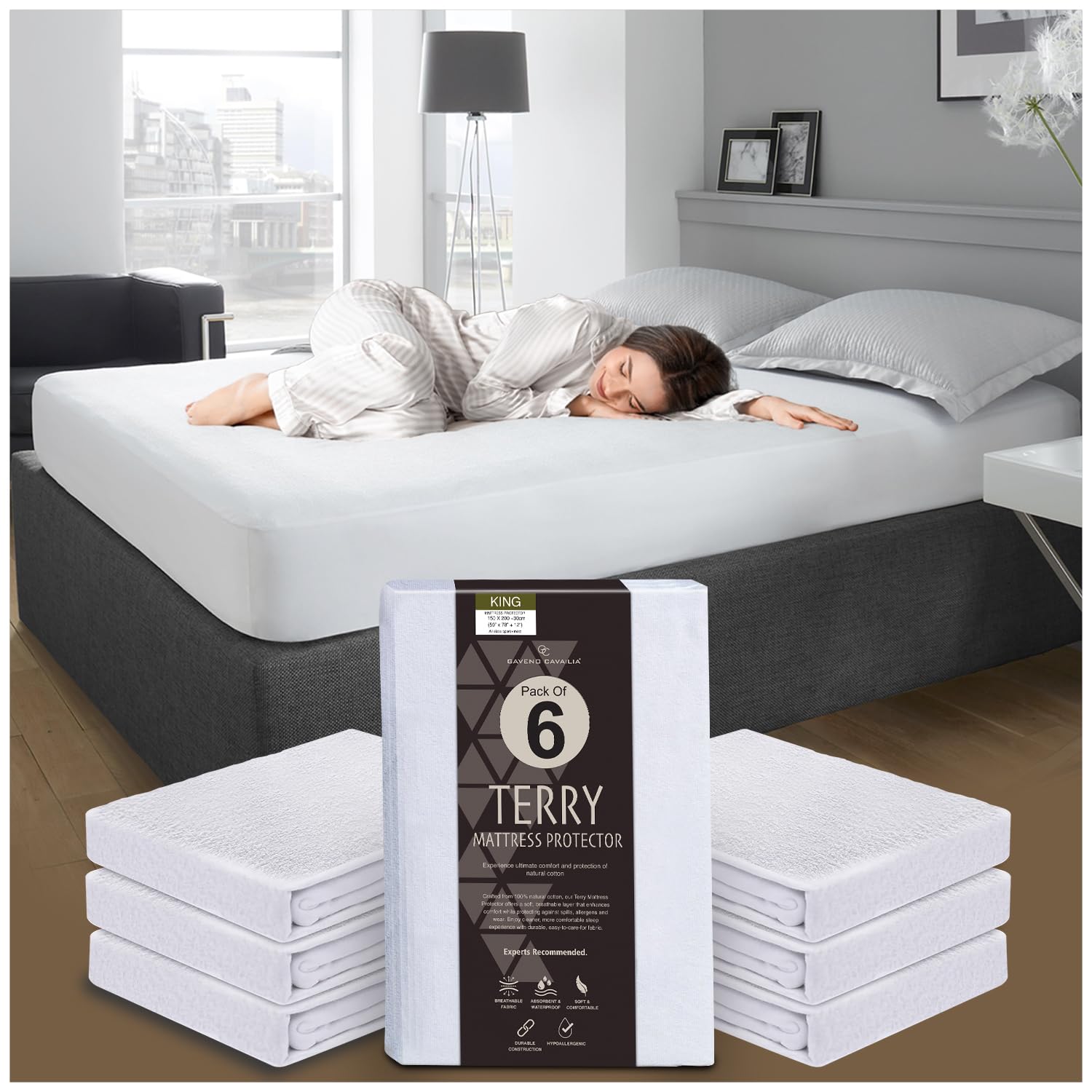GC GAVENO CAVAILIA Terry Towel Mattress Protector - Pack of 6 King Size Mattress Protector Fitted Sheet - Soft Polycotton Waterproof Mattress Cover - (200 x 150 Cm) - White