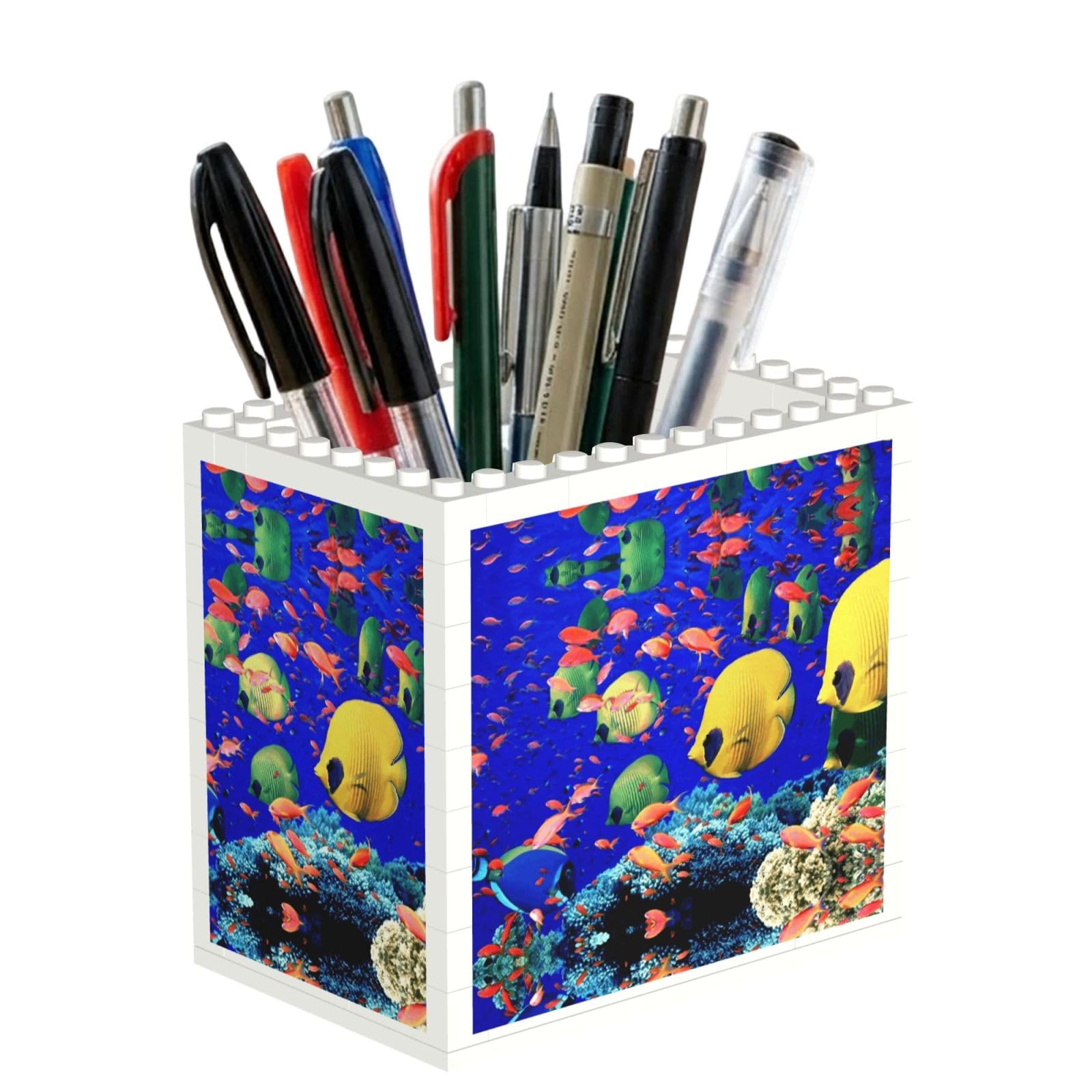 SATUSA Sea Fishes Print Building Block Texture Pen Holder - Pencil Holder For Desk Pen Organizer,Aesthetic Desk Accessories For Women(1pcs)