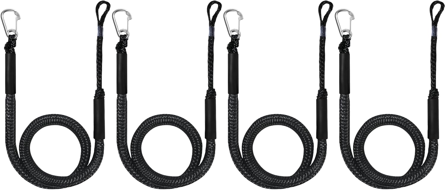 Boat Bungee Dock Lines with Clip 4 Pack Marine Rope Pontoon Boating Kayak Accessories, Black