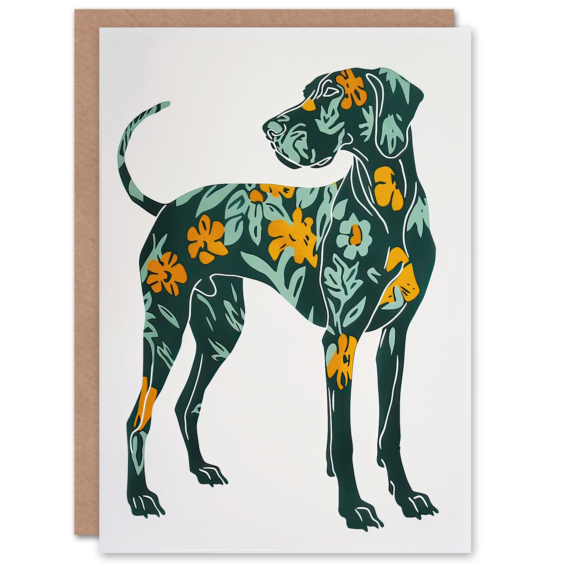 Artery8 Greeting Card Great Dane Dog Lover Green Orange Floral Pattern For Her Woman Birthday Card