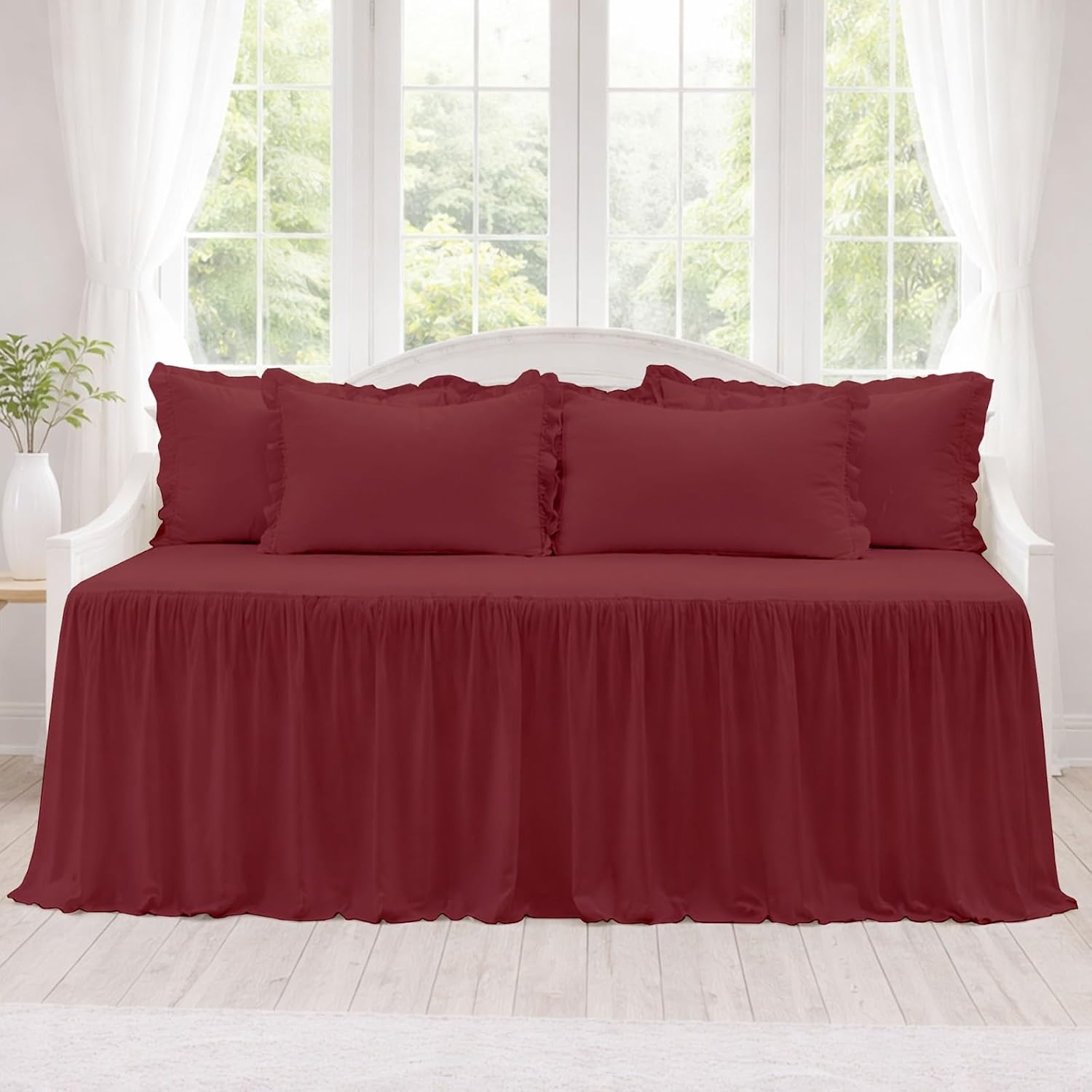 Cottingon 5 Piece Ruffled Daybed Cover Set, Microfiber Ruffle Burgundy Bedding Set (39" Wx75 L) with 28" Drop & 4 Matching Ruffle Pillow Shams - Soft All-Season Farmhouse Style Twin Bedspread