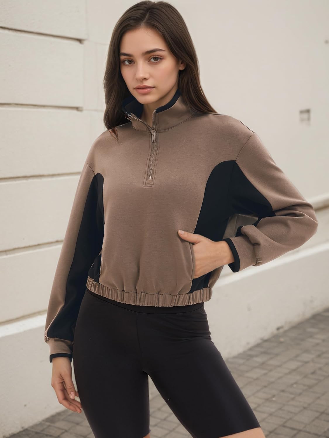 Womens Quarter Zip Pullover Cropped Sweatshirts Color Block Tops Workout Spring Fall Outfits with Pockets - Image 2