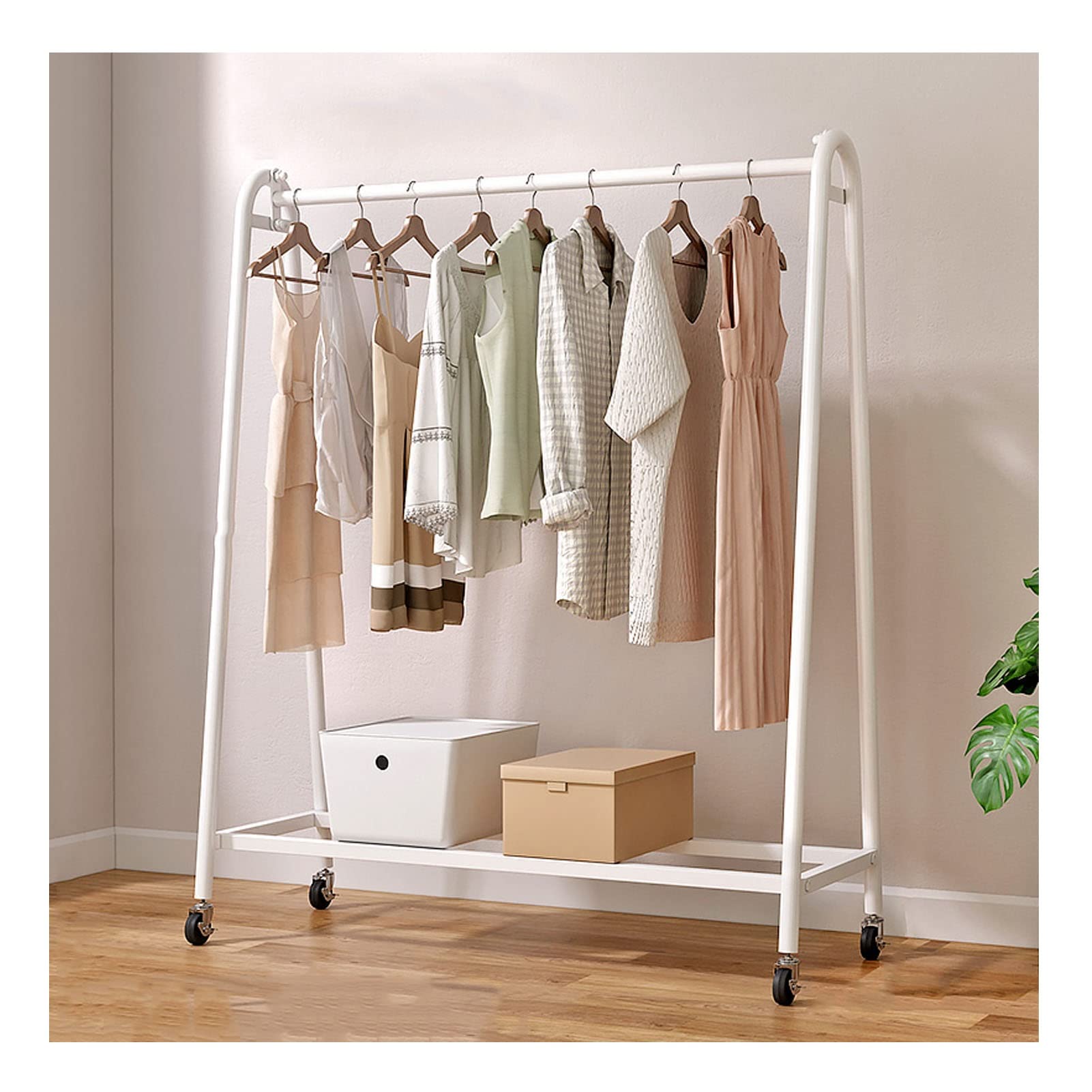 Heavy Du Metal - Appendiabiti multifunzione autoportante Hanr con ruote, asta superiore e ripiano inferiore per un facile spostamento, carrello appendiabiti bianco da 120 cm per camera da letto nizat