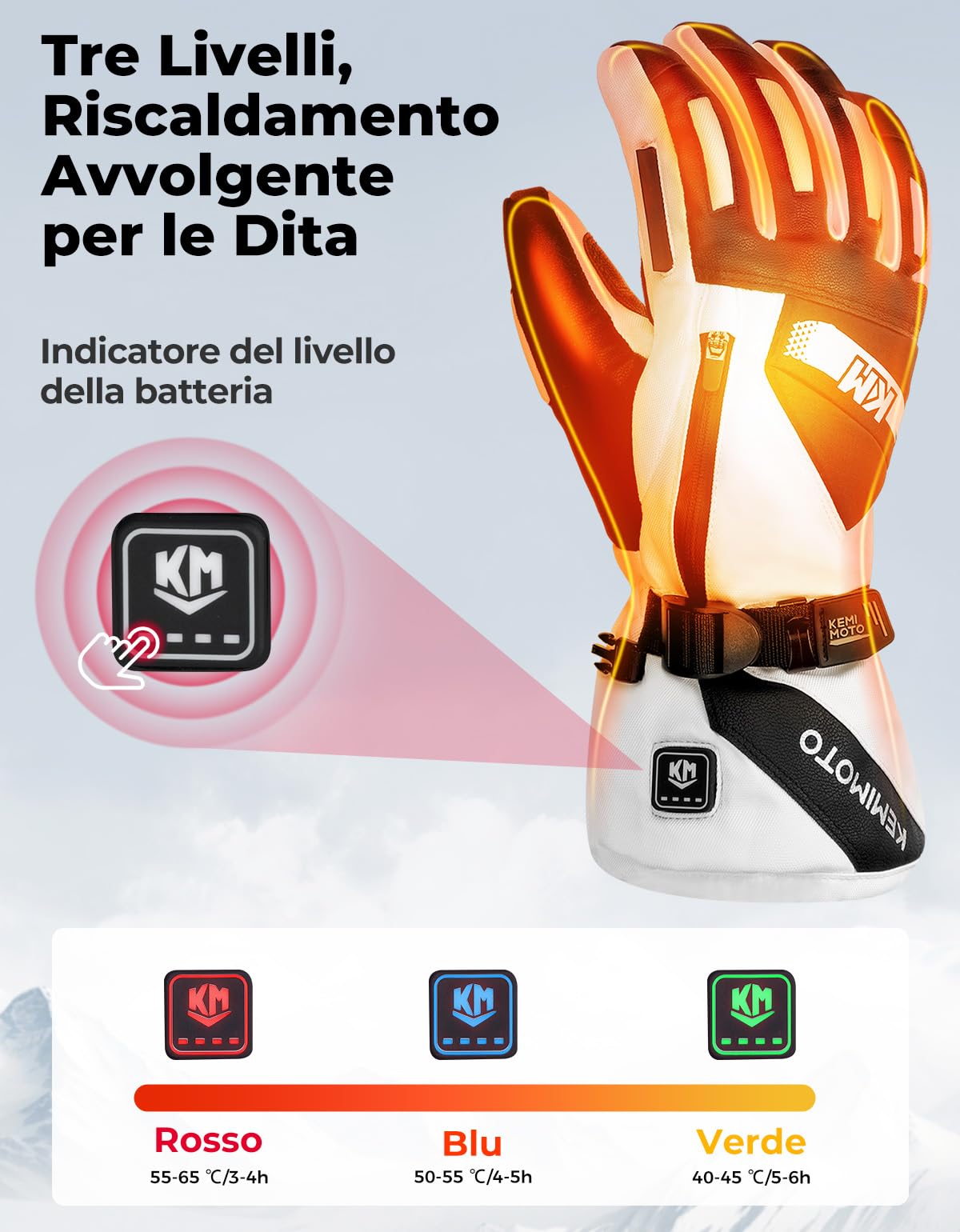 KEMIMOTO Guanti Riscaldati Uomo Donna con Protezione in EVA, Ricaricabili Guanti Invernali Termici da Sci con 7.4v 2500 mAh, Adatti da -20°C a -5°C, Ideali per Motoslitta Escursionismo Ciclismo