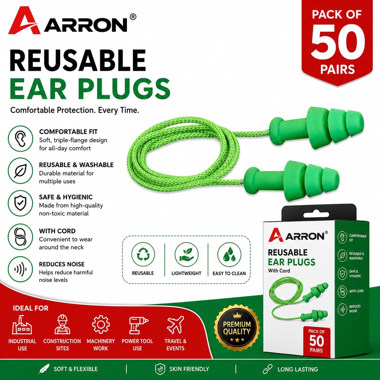 Arron Reusable Ear Plugs with Cord, Pack of 50 Pairs | Triple-Flange Design, Washable & Hygienic-picture-29
