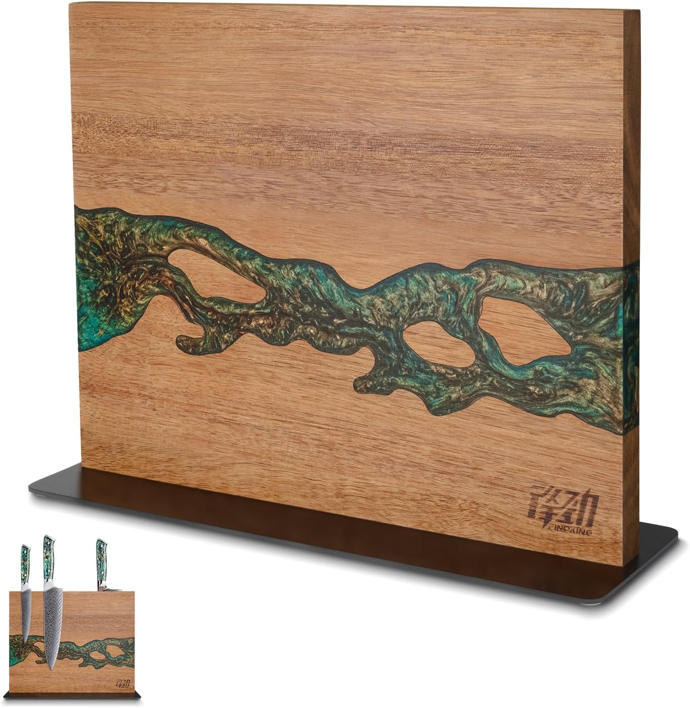 FINDKING Magnetic Knife Block, Double-Sided Knife Holder with Strong Magnets, Acacia Wood and Golden Green Resin, Countertop Kitchen Knife Storage Stand (12 × 10 Inches, Without Knives)