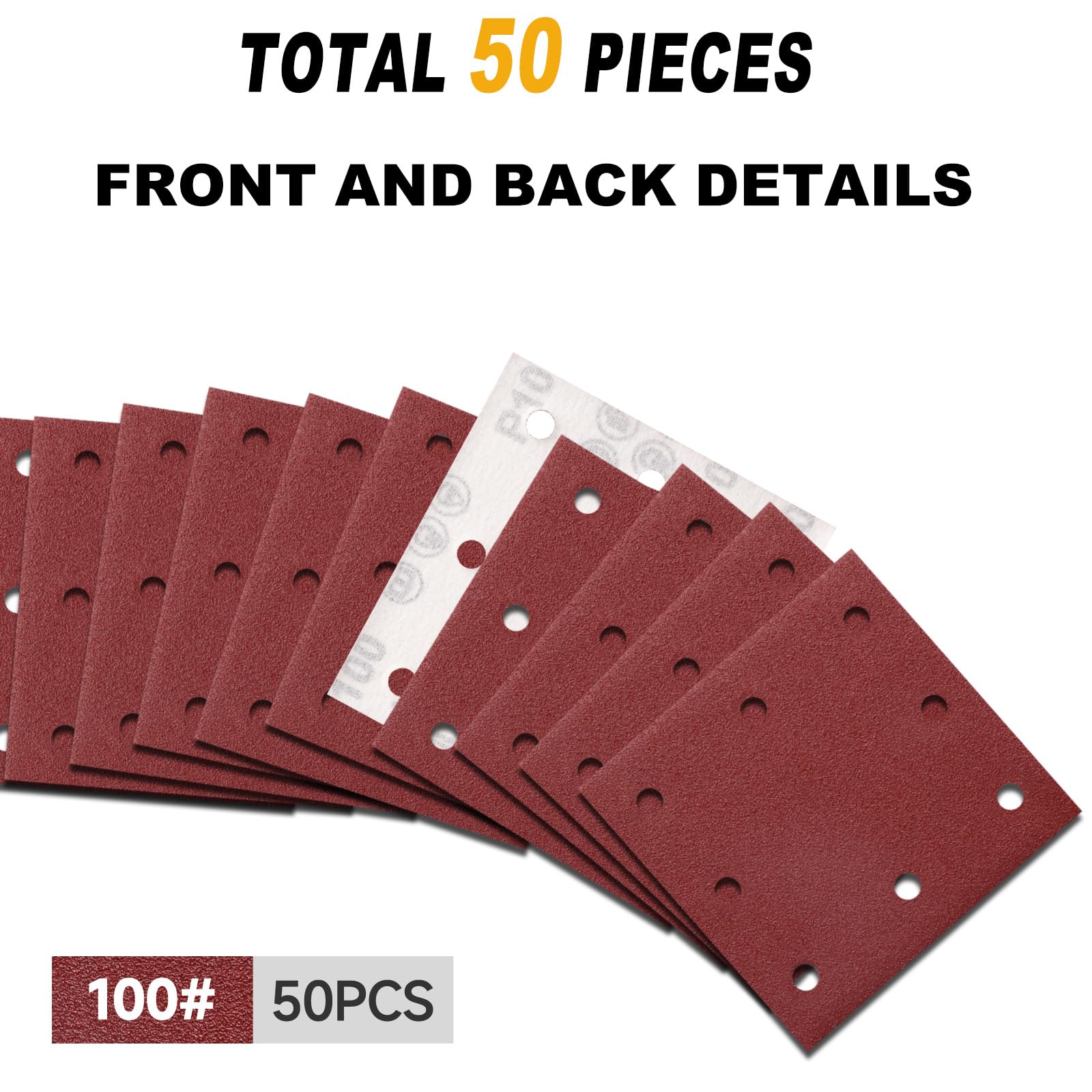 Sruhrak 50 Pezzi Carta Abrasiva Kit, 110x115mm Fogli Levigatrice 100 Grana 8 Fori Carta Vetrata Rettangolari per Levigatrice Orbitali Casuali