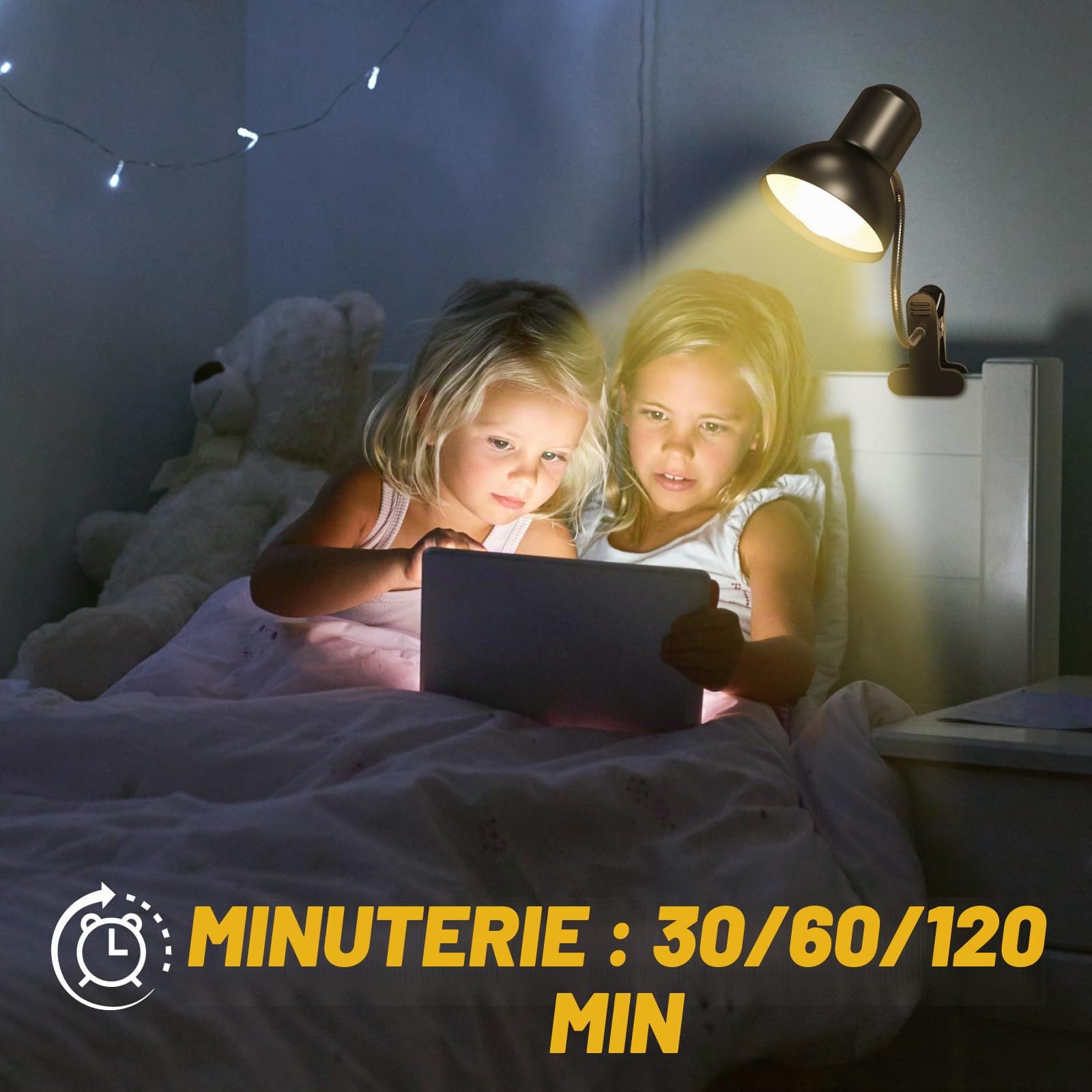 Lampe de Lecture Sans Fil Rechargeable - Pince pour Lit & Bureau, 3 Températures + 12 Couleurs, 10 Niveaux Luminosité, Camping, Ambiance RGB