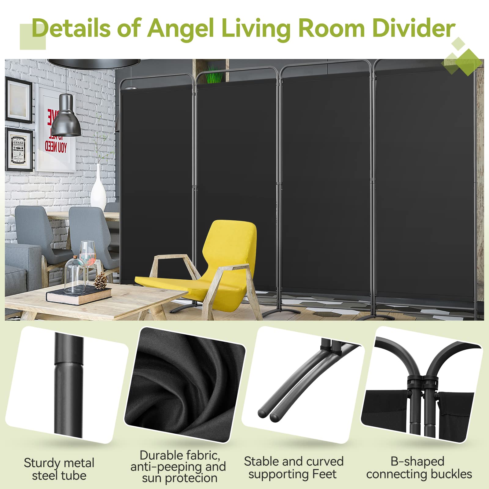 Angel Living Biombo de 4 Paneles, Decoración Elegante, Separador de Ambientes Plegable, Divisor de Habitaciones, 324 x 180 cm (Negro, 1)