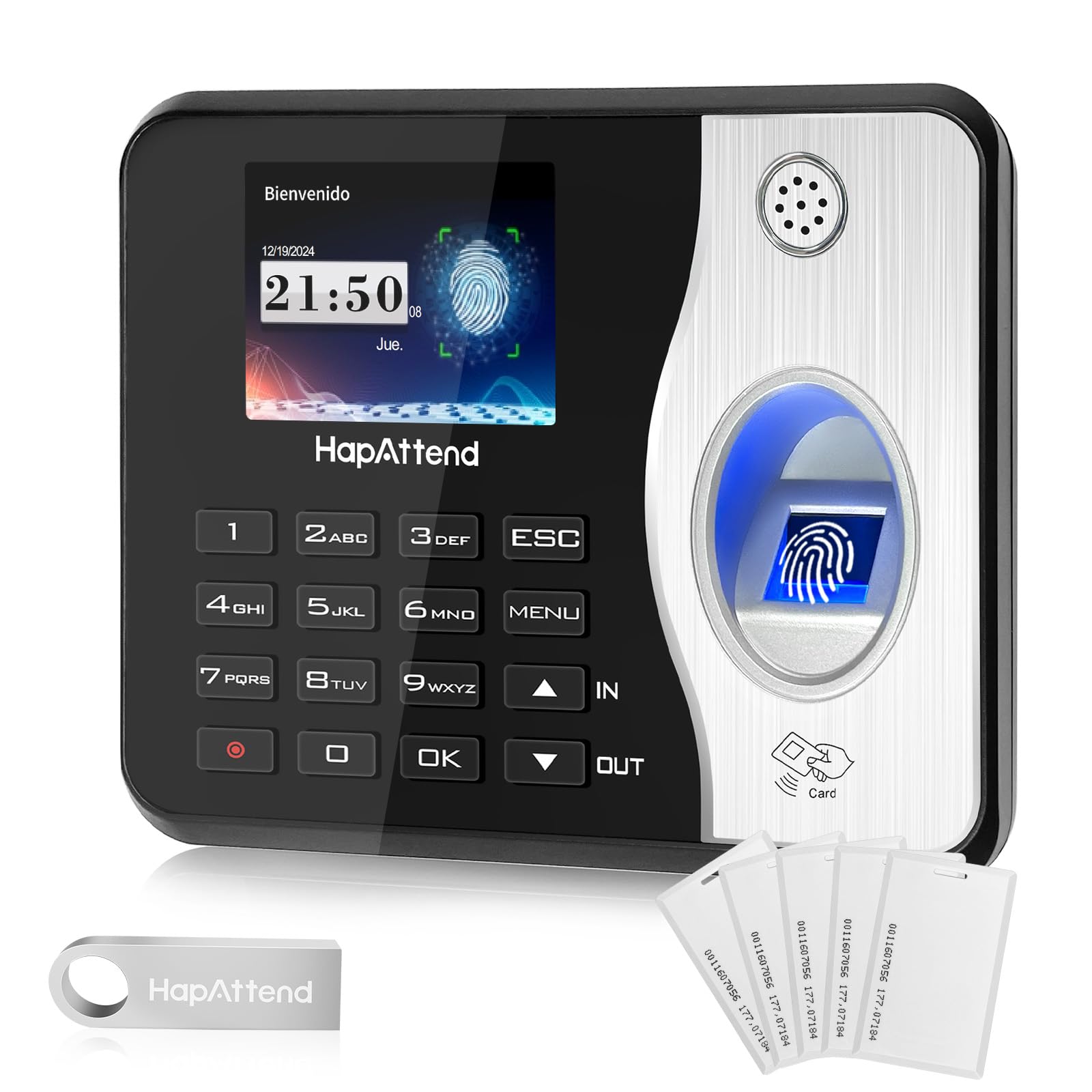 Control horario empleados, Español Reloj de fichar con Huella Dactilar, RFID Tarjetas, Maquina de fichar empleados de hasta 1000 usuarios sin conexión Internet Negro Escáner - H3