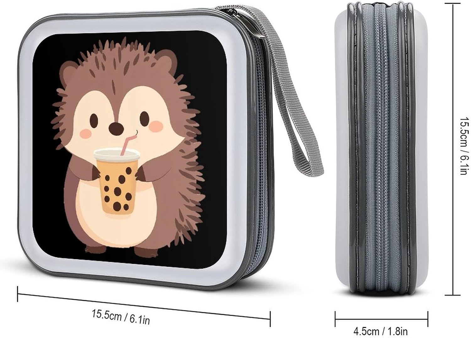 Hedgehog Drinking Milk Tea CD Case DVD Storage Holder Binder 40 Capacity | protective,hard case,protable loop,travel car use,zippered closure