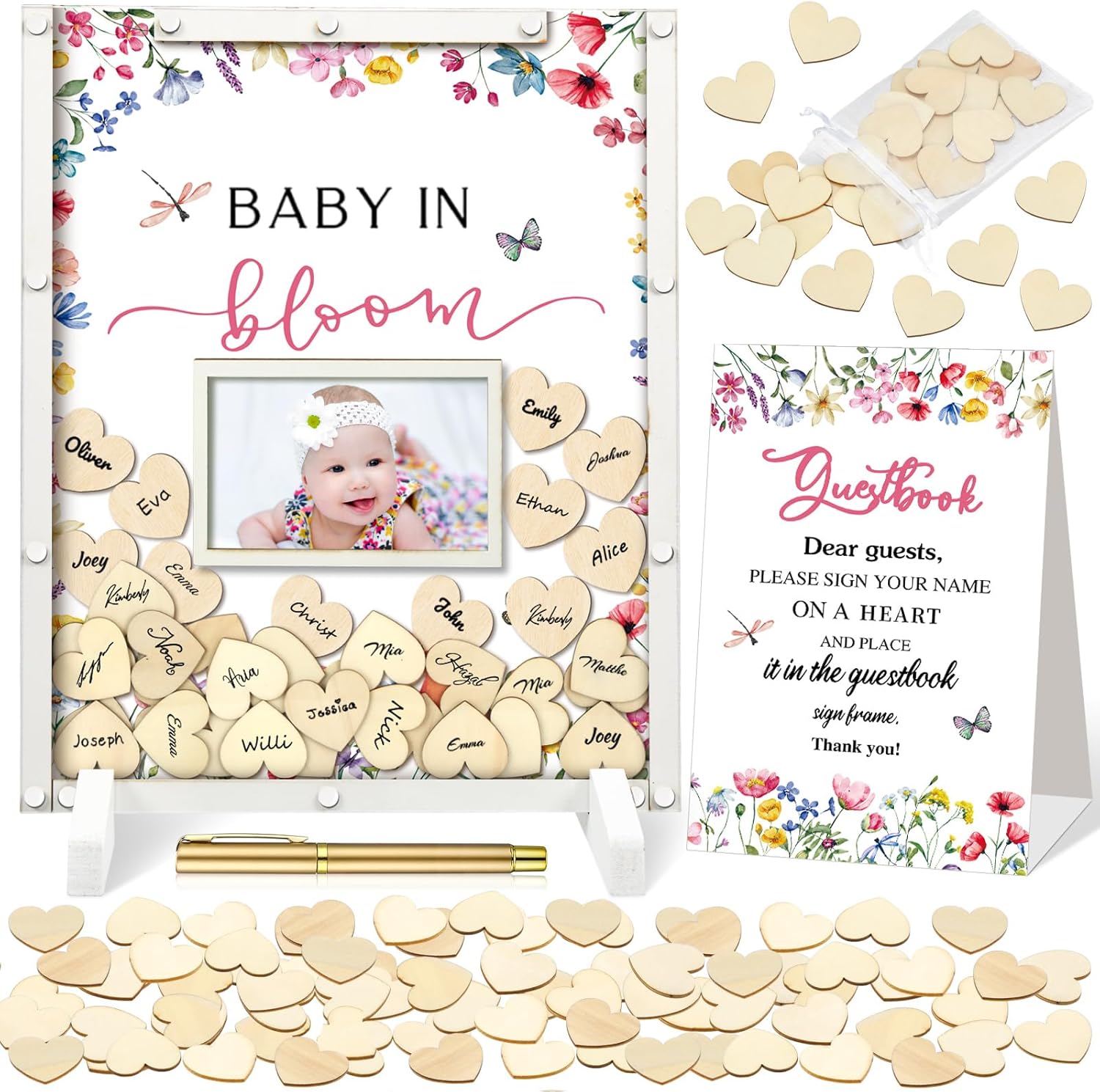 65 Pcs Wildflower Baby Shower Guest Book Alternatives Baby in Bloom Shower Decorations Sign in Guest Book with Picture Frame and 60 Wooden Chip
