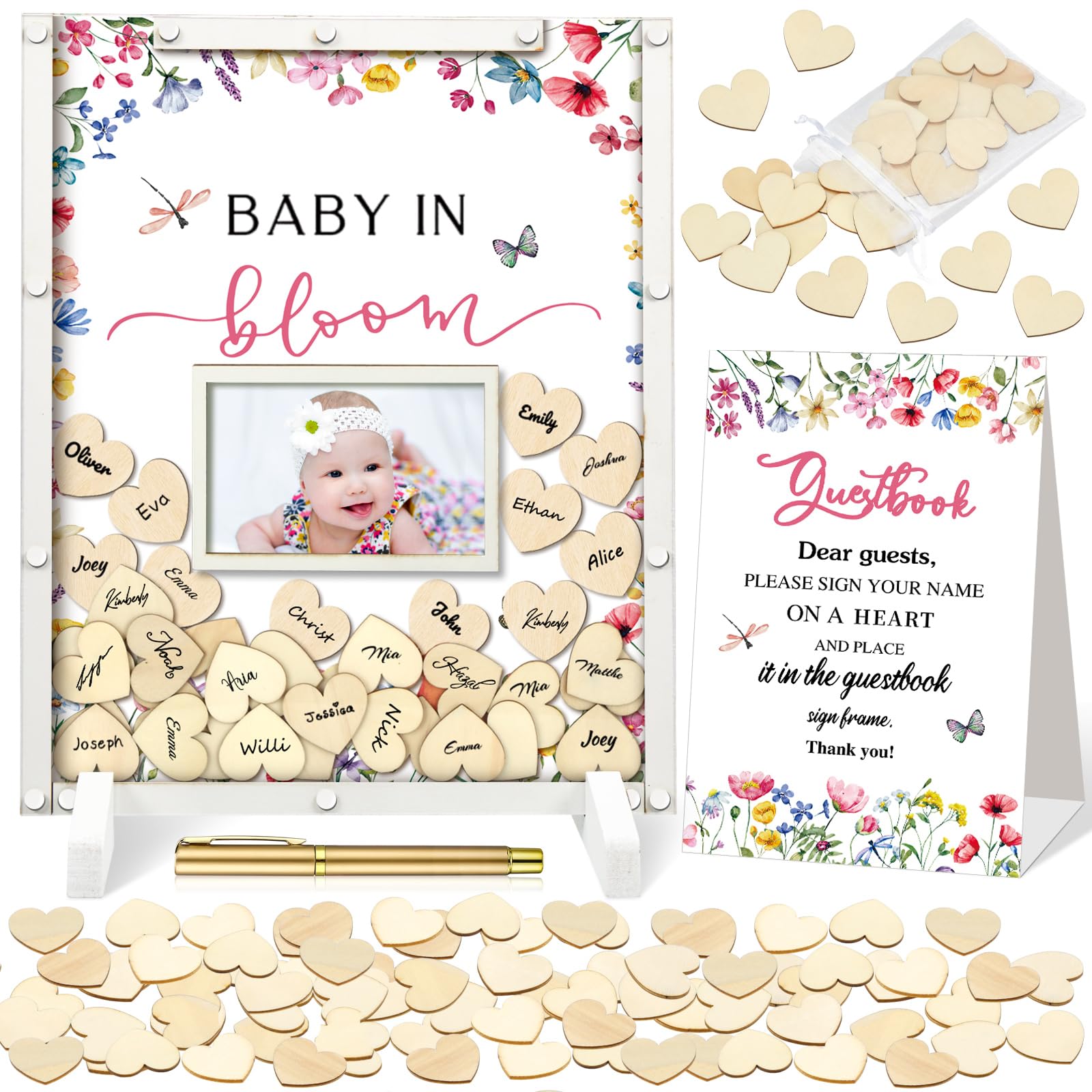 Beeveer 65 Pcs Wildflower Baby Shower Guest Book Alternatives Baby in Bloom Shower Decorations Sign in Guest Book with Picture Frame and 60 Wooden
