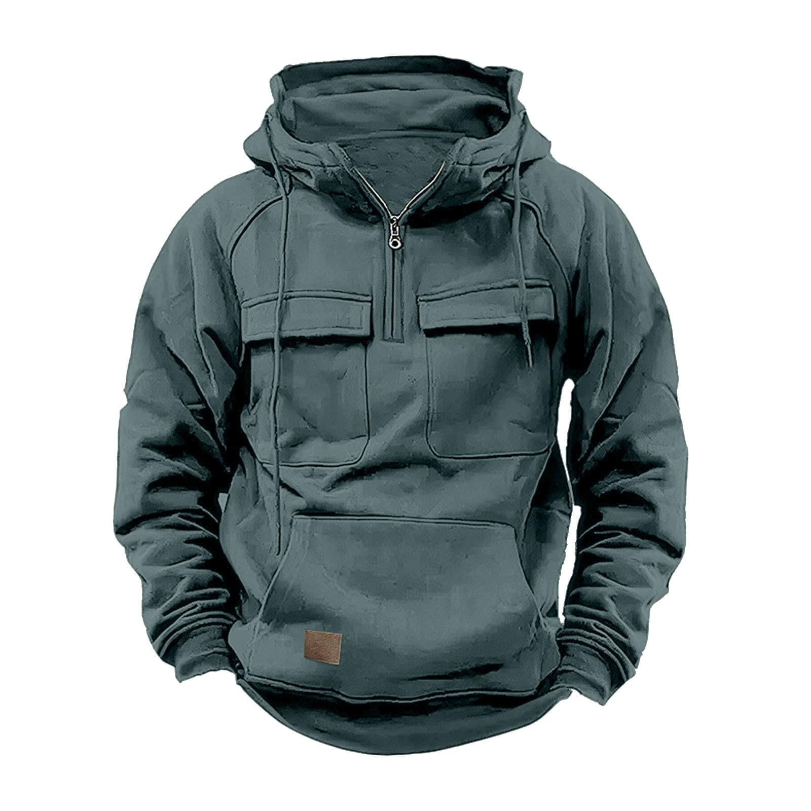 Mens Big and Tall Hoodies Casual Long Sleeve Multi Pockets Cargo Quarter Zip Pullover Sweatshirt Drawstring Shirt