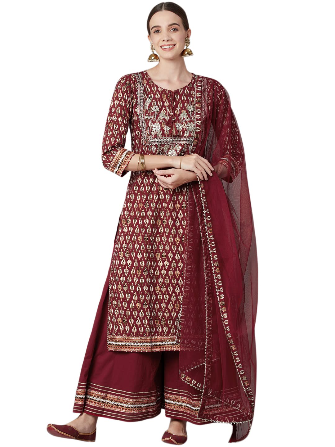 divena maroon Cotton Kurta palazzo set with net dupatta-picture-25