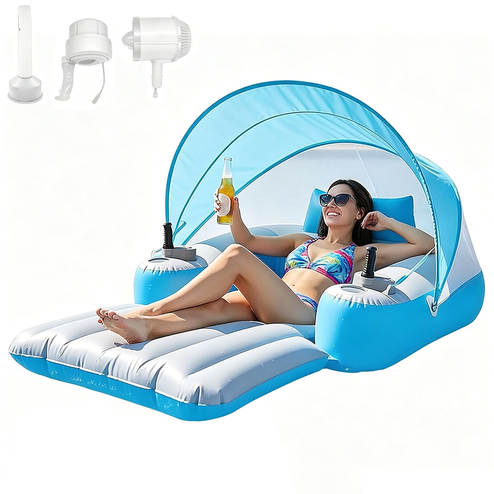 Tumbona motorizada con toldo, silla flotante inflable recargable con propulsor giratorio de 360° y bomba de aire para piscina, lago, playa, vacaciones