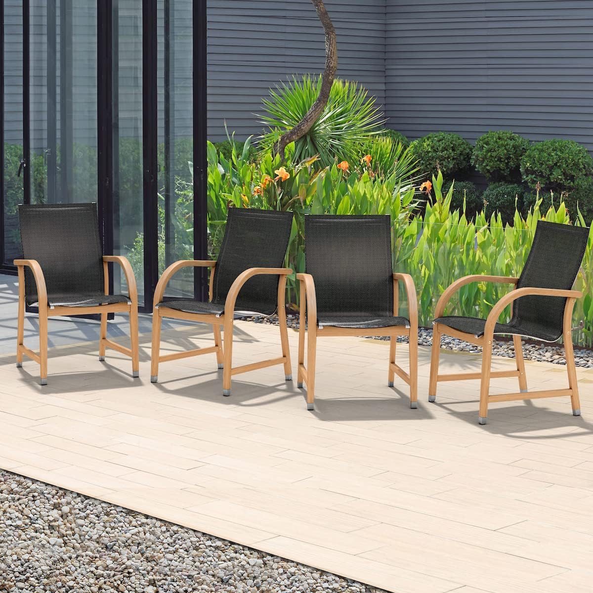Amazonia Deluxe 7 Piece Patio Dining Set |100% Table and Sling Black Water Resistant Chairs| Ideal for Outdoors, Rectangular, Certified Teak