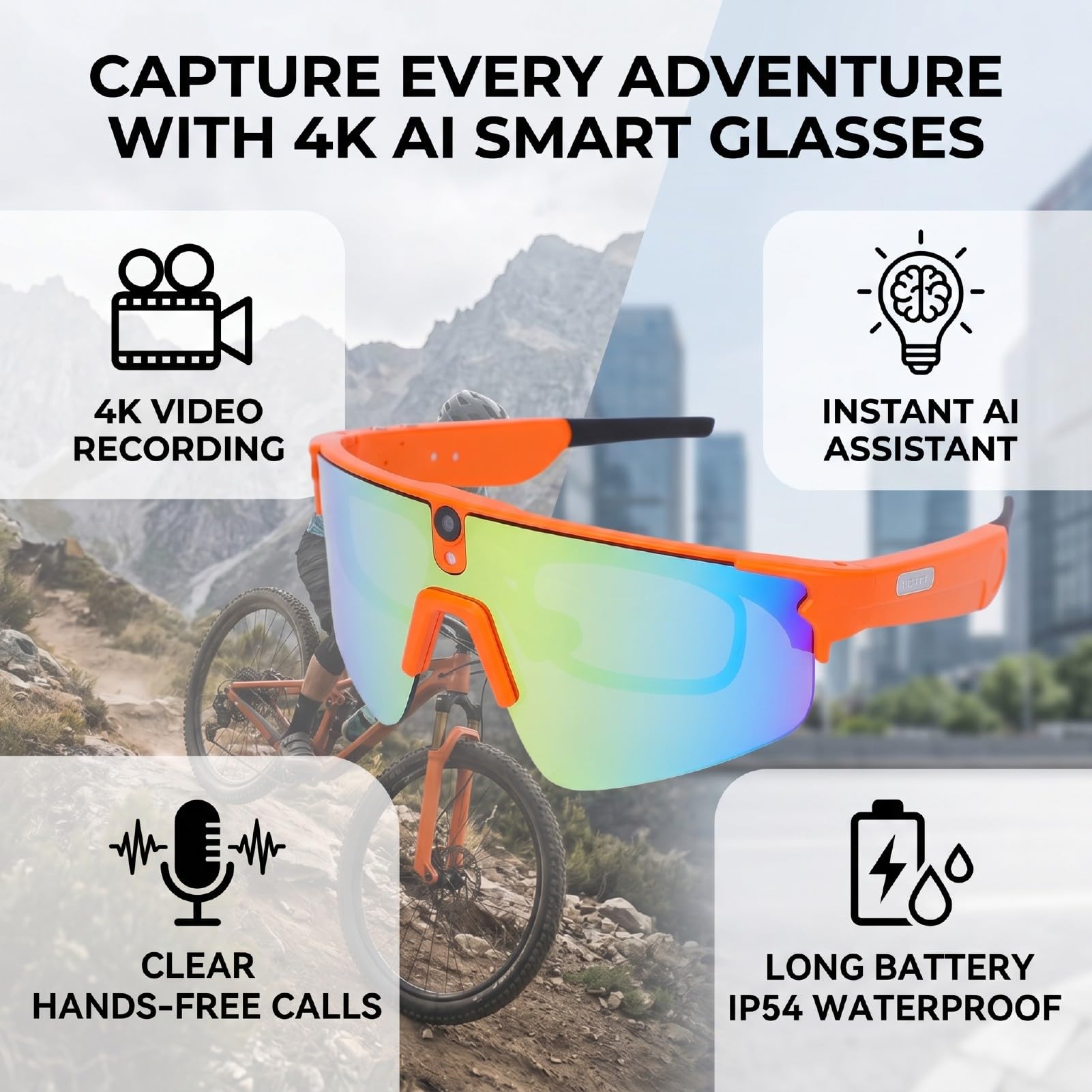 LICAEVEY Gafas de Ciclismo Inteligentes AI con Cámara de 8MP (Orange)